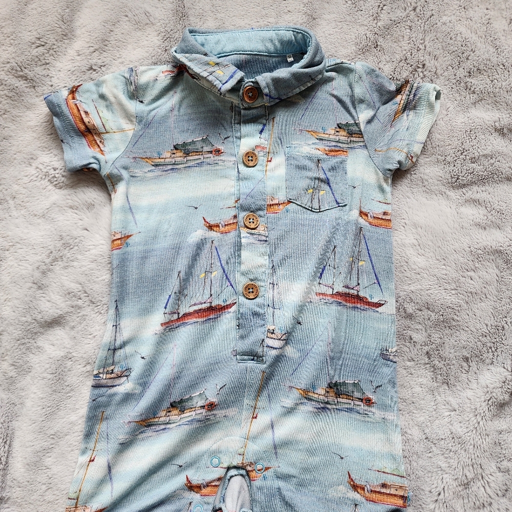Posh Peanut Blue Sailboats “Skip” Henley  Bamboo Romper